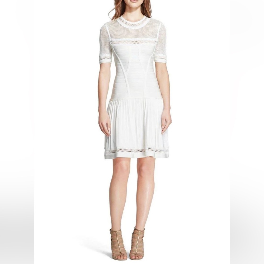 Herve Leger White Short-Sleeve Mesh Panel Mini Dress